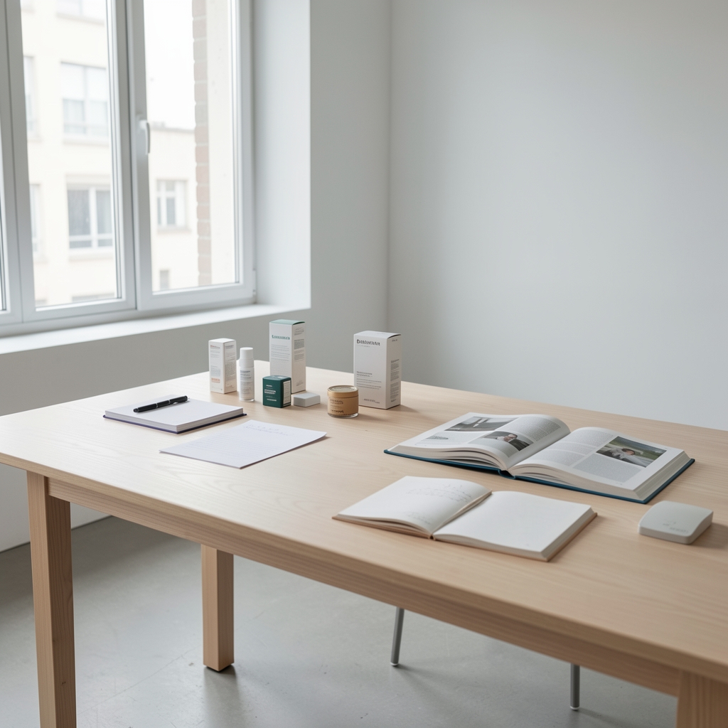 Organised studio workspace with body cream products and vitamin bottles arranged on a clean wooden desk with natural window light