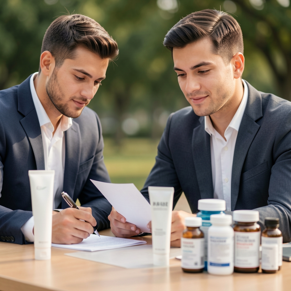 Two members of the Dalno Studio selection team reviewing product notes at a long table with body care samples and supplement bottles arranged between them