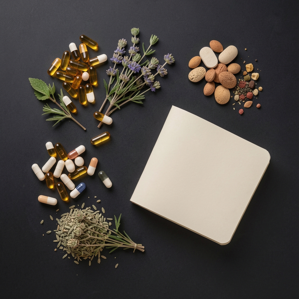 Active lifestyle flat lay with body cream jar, vitamin bottle, and botanical ingredients on dark textured surface