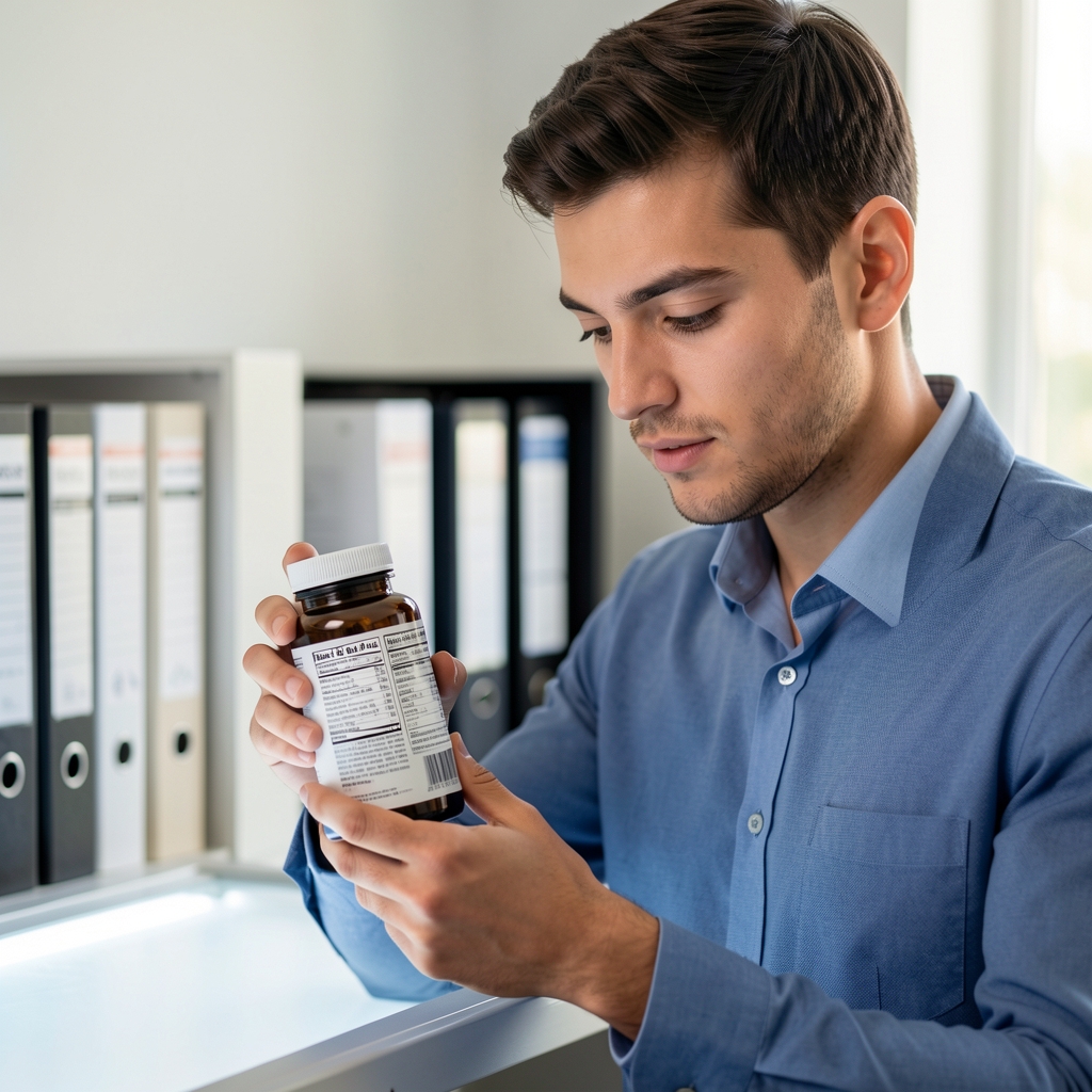 Dalno Studio selection team member examining a supplement bottle label against a light box in a clean workspace with filed documentation folders in the background