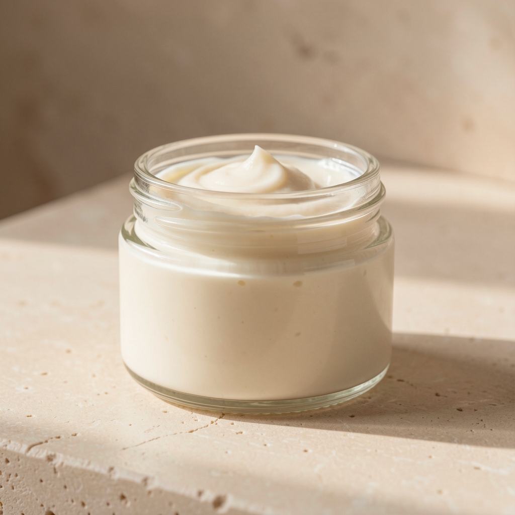 Glass jar of rich body cream on dark stone surface with botanical leaves, editorial product shot from above