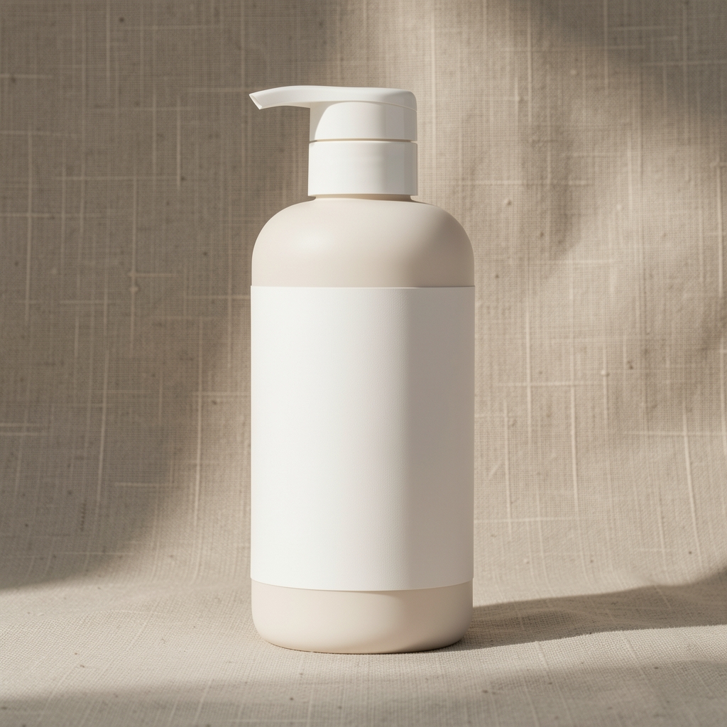 Minimal white body lotion bottle on pale marble surface with soft morning light, product still life