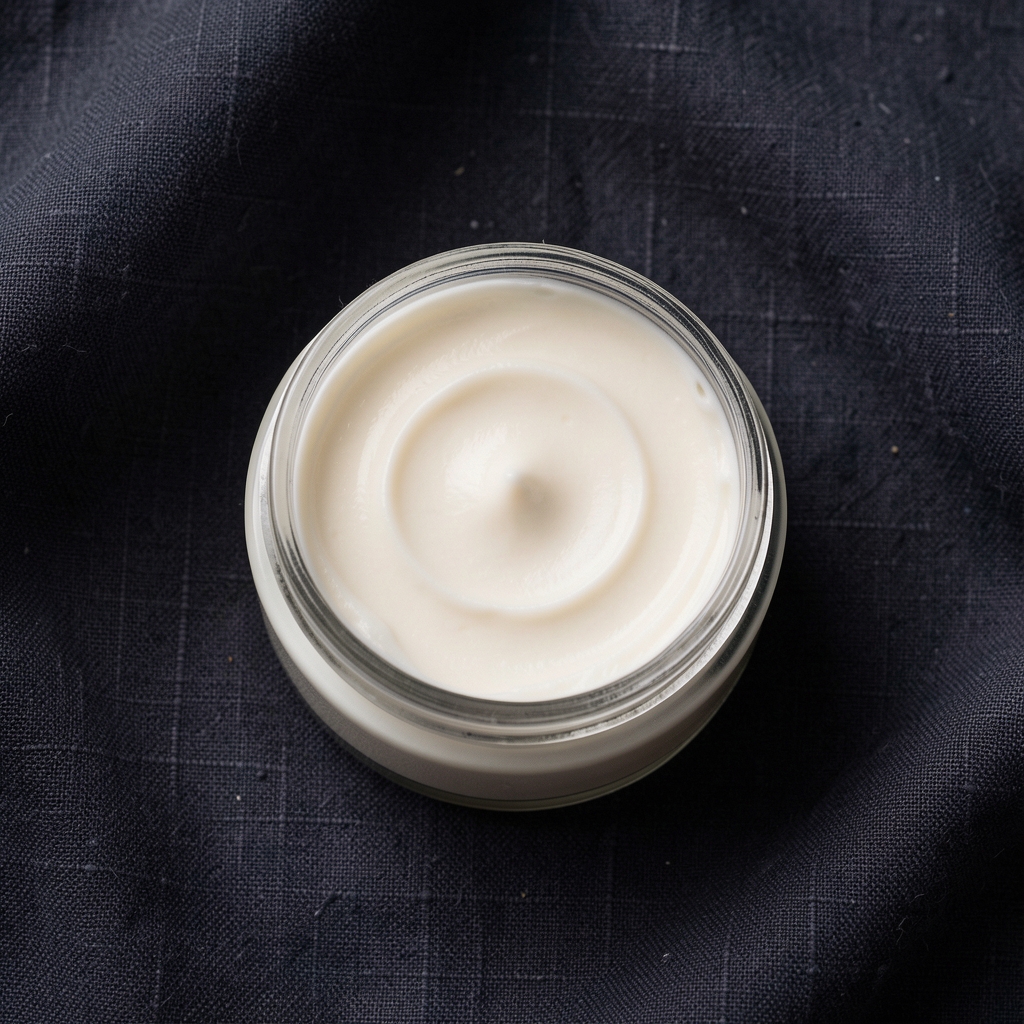 Open body butter jar with smooth cream texture on a dark linen cloth, overhead editorial composition