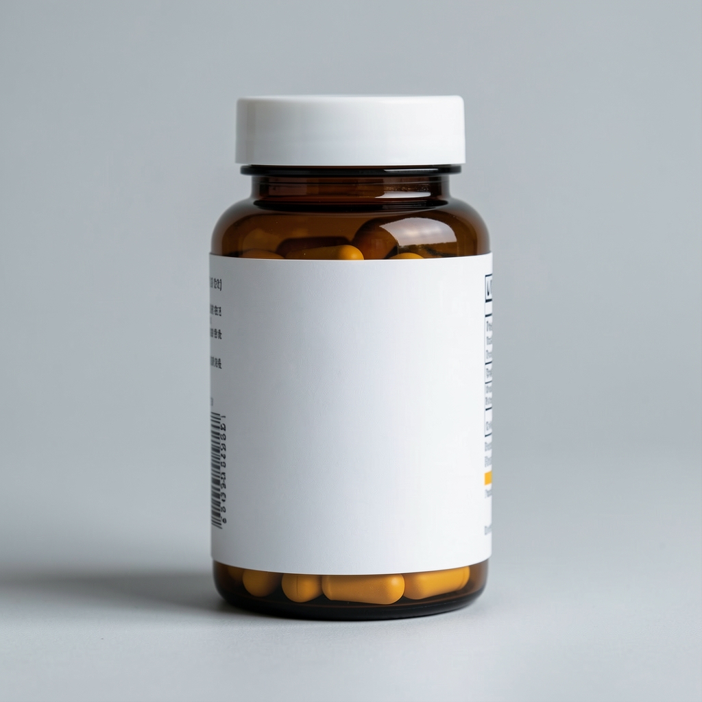Vitamin supplement bottle with white label on a light grey surface, clean product still life photography
